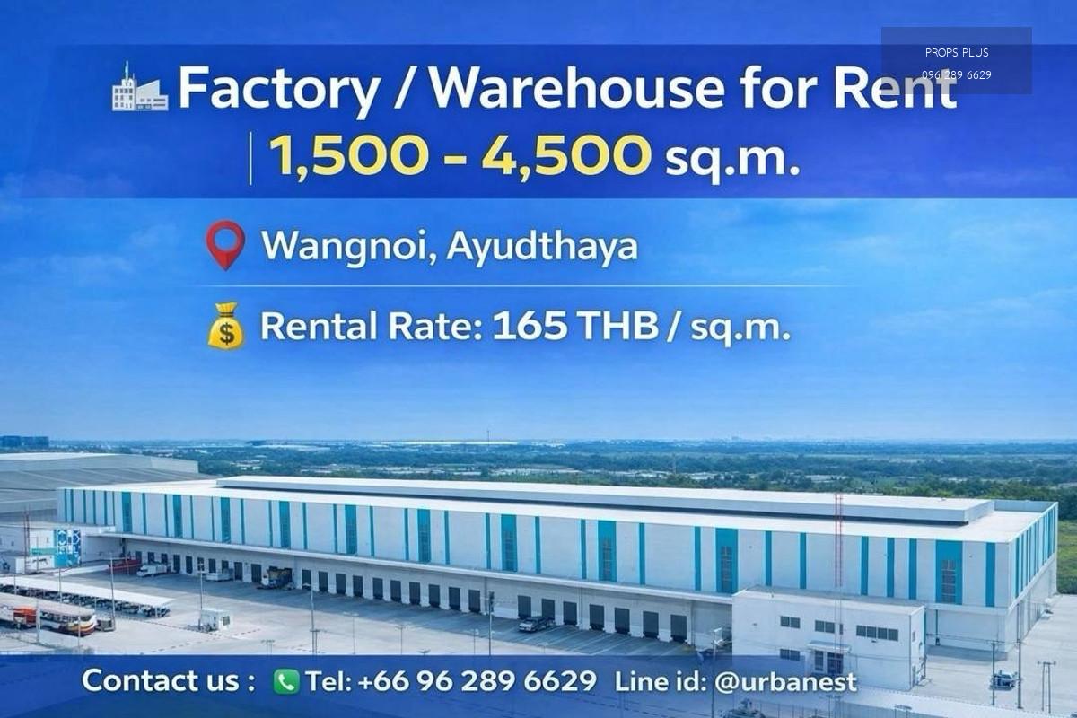 🏭 ให้เช่าโรงงาน / คลังสินค้า 1,500 - 4,500 ตร.ม.

📍  วังน้อย จังหวัดอยุธยา

💰 ค่าเช่า: 165 บาท / ตร.ม.
📄 สัญญาเช่าขั้นต่ำ: 3 ปี
🔹 เงินประกัน 5 เดือน
🔹 ค่าเช่าล่วงหน้า 1 เดือน
